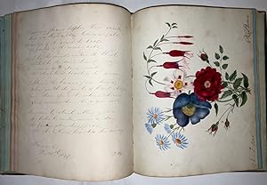 Manuscript poetry friendship album with three accomplished flower water-colours, dated 1842.