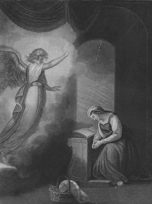 THE ANNUNCIATION OF THE ANGEL TO MARY,Scripture Engraving,ca 1840 with elaborate borders