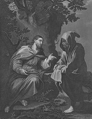 CHRIST TEMPTED BY THE DEVIL IN THE GARDEN OF GETHSEMANE,Scripture Engraving,ca 1840 with elaborat...