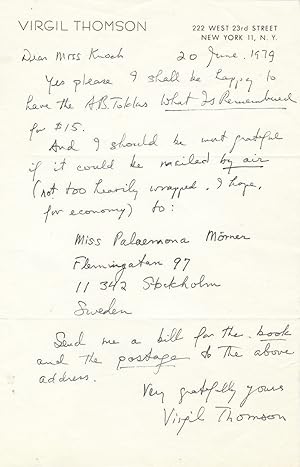 Autograph letter ordering Toklas's account of her life with Gertrude Stein. Signed in full