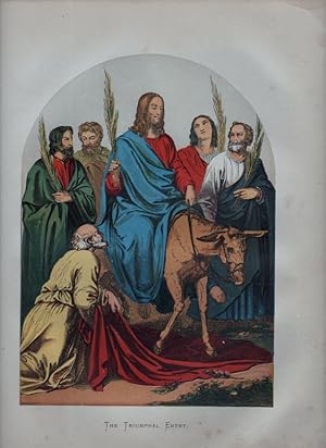 JESUS ENTERING JERUSALEM ON A DONKEY,1870 Chromolithograph Religious Print