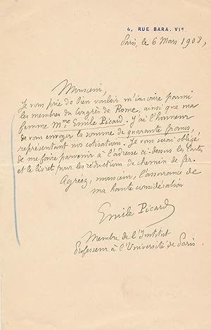 Charles Émile PICARD lettre autographe signée