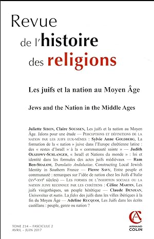 revue de l'histoire des religions n.2/2017 : les juifs et la nation au Moyen Age