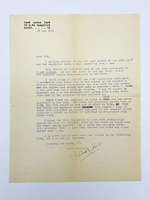 Typed letter signed ("Ford Madox Ford") to Percival Hinton, English journalist and bibliophile; P...