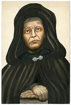Antique Drawing-MAN-MONK-CAPE-COAT PIN-HANDS FOLDED-van Genechten-ca 1950