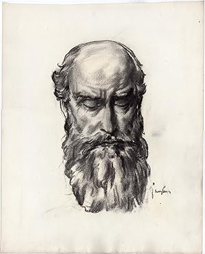 Antique Drawing-PORTRAIT-MAN-BEARD-EYES CLOSED-Anonymous-ca 1935