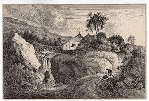 Rare-Antique Print-PASTORAL LANDSCAPE-WATERFALL-HOUSE-WHEELBARROW-Roemer-c.1670