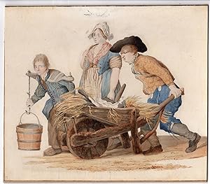 Antique Drawing-FARMERS-DUTCH COSTUME-WHEELBARROW-YOKE-Anonymous-19th.c.