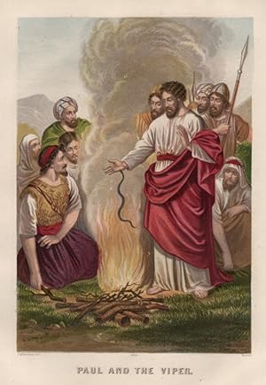 SAINT PAUL AND THE VIPER,ca1860 Historical Religious Bible Chromolithograph