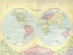 Map of the World The Eastern & Western Hemispheres,1870 Colour Map