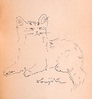 Pen drawing of a cat, signed by Foujita, on the front free endpaper of a first edition of Bertran...