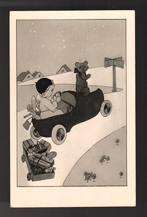 Angel Driving Clog Car with Teddy Bear Christmas Greetings Postcard
