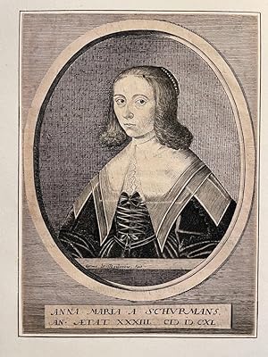 [Antique engraving, female artist, ca 1682] Portrait print of Anna Maria van Schurman (Schuurman,...