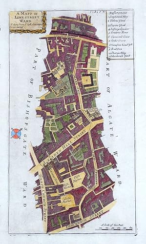 Antique Map LIME STREET WARD Plan, Stow's London, Leadenhall, Fenchurch St, 1754