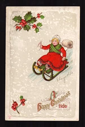 Dutch Girl on Sledge Embossed Christmas Postcard