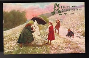 Children Building Snowman Christmas Greetings Postcard