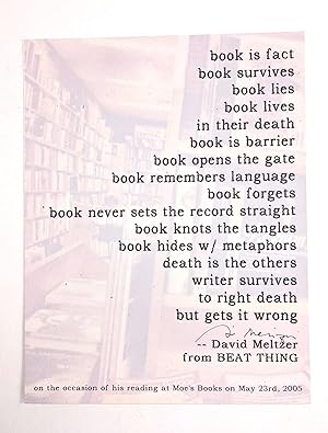 DAVID MELTZER **SIGNED** BROADSIDE POEM about BOOKS - Read at MOE'S BOOKS