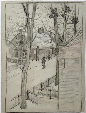 [Modern drawing, black chalk] View on a street in winter, ca. 1920-1940, 1 p.