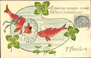 Präge Ansichtskarte / Postkarte 1. April, Ier Avril, Vermenschlichte Fische, Kleeblätter