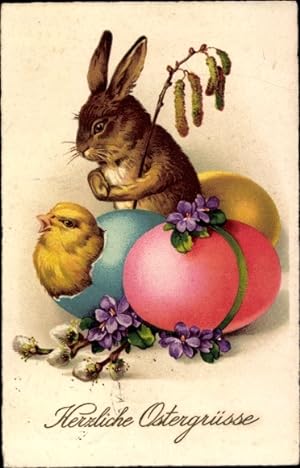 Ansichtskarte / Postkarte Glückwunsch Ostern, Osterhase und Küken