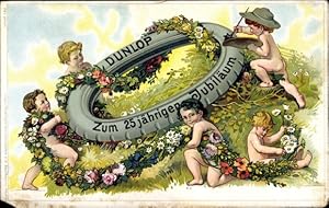 Künstler Ansichtskarte / Postkarte Reklame Dunlop Reifen, 25. Jubiläum, Blumengirlande