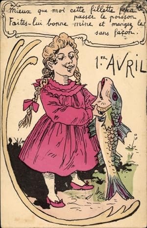 Ansichtskarte / Postkarte 1. April, Ier Avril, Mädchen mit Fisch