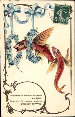 Präge Ansichtskarte / Postkarte 1er Avril, 1. April, Fische, Ringe aus Vergissmeinnicht