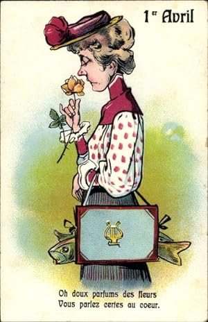 Ansichtskarte / Postkarte 1. April, Ier Avril, Frau riecht an einer Rose, Fisch in der Handtasche