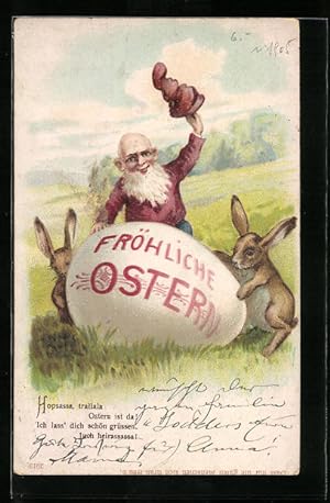 Künstler-Ansichtskarte Zwerg und Osterhasen wünschen Frohe Ostern