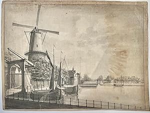 Antique drawing, watercolor I View of Delft with the Schiedamse and the Rotterdamse Poort, 19th c...