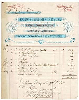Bought of John Bryce, naval contractor and general dealer. Callao & Chincha Islands, Peru