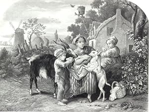 CHILDREN WITH GOATS IN THE FARMYARD,1860's Steel Engraved Print