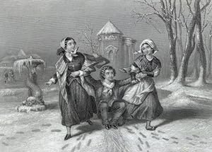 VICTORIAN CHILDREN PLAYING IN THE SNOW,1860's Steel Engraved Print
