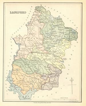 LONGFORD COUNTY MAP,1879 Colored Irish Historical Map