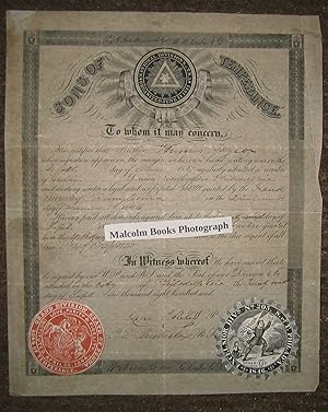 Sons of Temperance Membership certificate for Thomas Taylor 10th March 1859 Division No 205, loca...