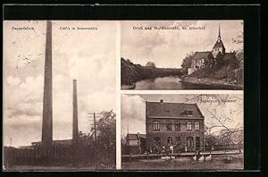 Ansichtskarte Muldenstein b. Bitterfeld, Papierfabrik, Naumann`s Bäckerei, Kirche