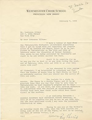 Typed letter signed to music critic Lawrence Gilman