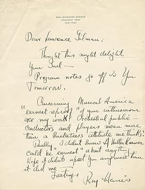 Autograph letter signed to music critic Lawrence Gilman