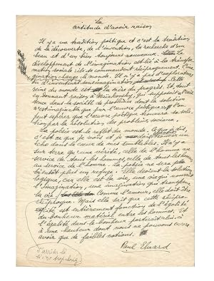 Superbe manuscrit de premier jet sur la vision de la poésie dÉluard : influence sur les hommes, ...