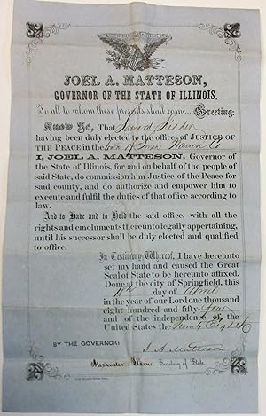 JOEL A. MATTESON, GOVERNOR OF THE STATE OF ILLINOIS, APPOINTS A JUSTICE OF THE PEACE FOR SWAN, IL...