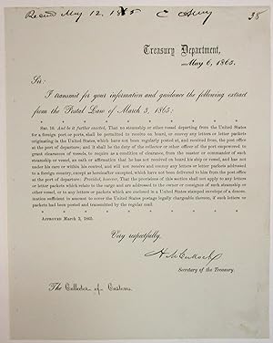 PRINTED LETTER WITH PRINTED SIGNATURE, AS SECRETARY OF THE TREASURY, TO UNITED STATES COLLECTORS ...