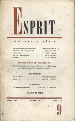 Revue Esprit. 1967, numéro 9. L. Vandermeersch, Dina Dreyfus, Joseph Gabel, Gamé Guilao, Alain Mo...