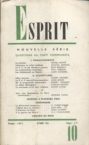 Revue Esprit. 1966, numéro 10. Questions au parti communiste (11 articles). Octobre 1966.