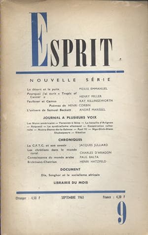 Revue Esprit. 1963, numéro 9. Pierre Emmanuel, Henry Miller, articles sur Faulkner et Camus, sur ...