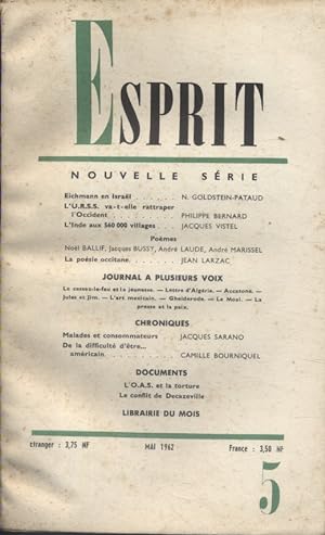 Revue Esprit. 1962, numéro 5. Articles sur Eichmann, l'URSS, l'Inde Octobre 1962.