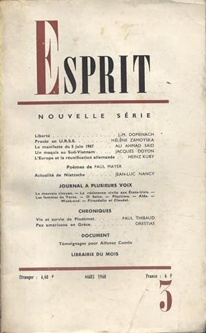 Revue Esprit. 1968, numéro 3. Jean-Marie Domenach, Hélène Zamoyska, Ali Ahmad Said, Jacques Doyon...