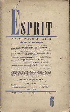 Revue Esprit. 1954, numéro 6. Réforme de l'enseignement. Juin 1954.