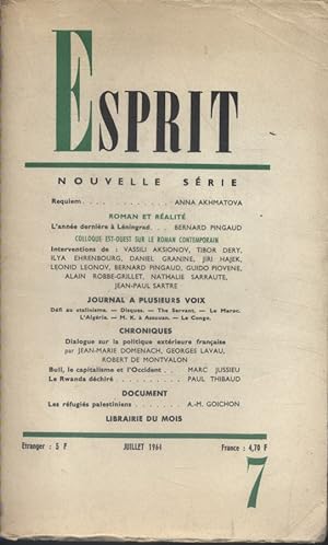 Revue Esprit. 1964, numéro 7. Roman et réalité. Contient des articles sur le colloque Est-Ouest s...