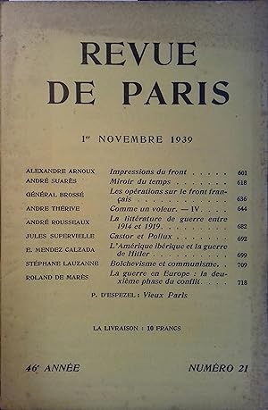 La revue de Paris N° 21 - 1er novembre 1939. Alexandre Arnoux, André Suarès, André Thérive, André...