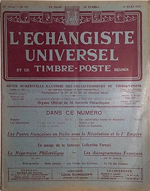 L'échangiste universel et le timbre-poste réunis. N° 237. Revue bimensuelle. 15 mars 1929.